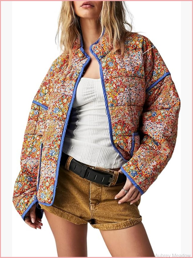 Retro Striped Quilted Cropped Puffer Jacket Stand Collar Vintage Coat